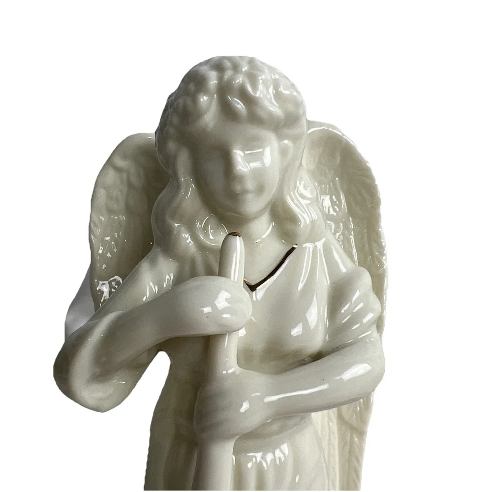 Vintage Angel Horn‎ Cherub White Gold Trim Porcelain Christmas Figurine 8.5